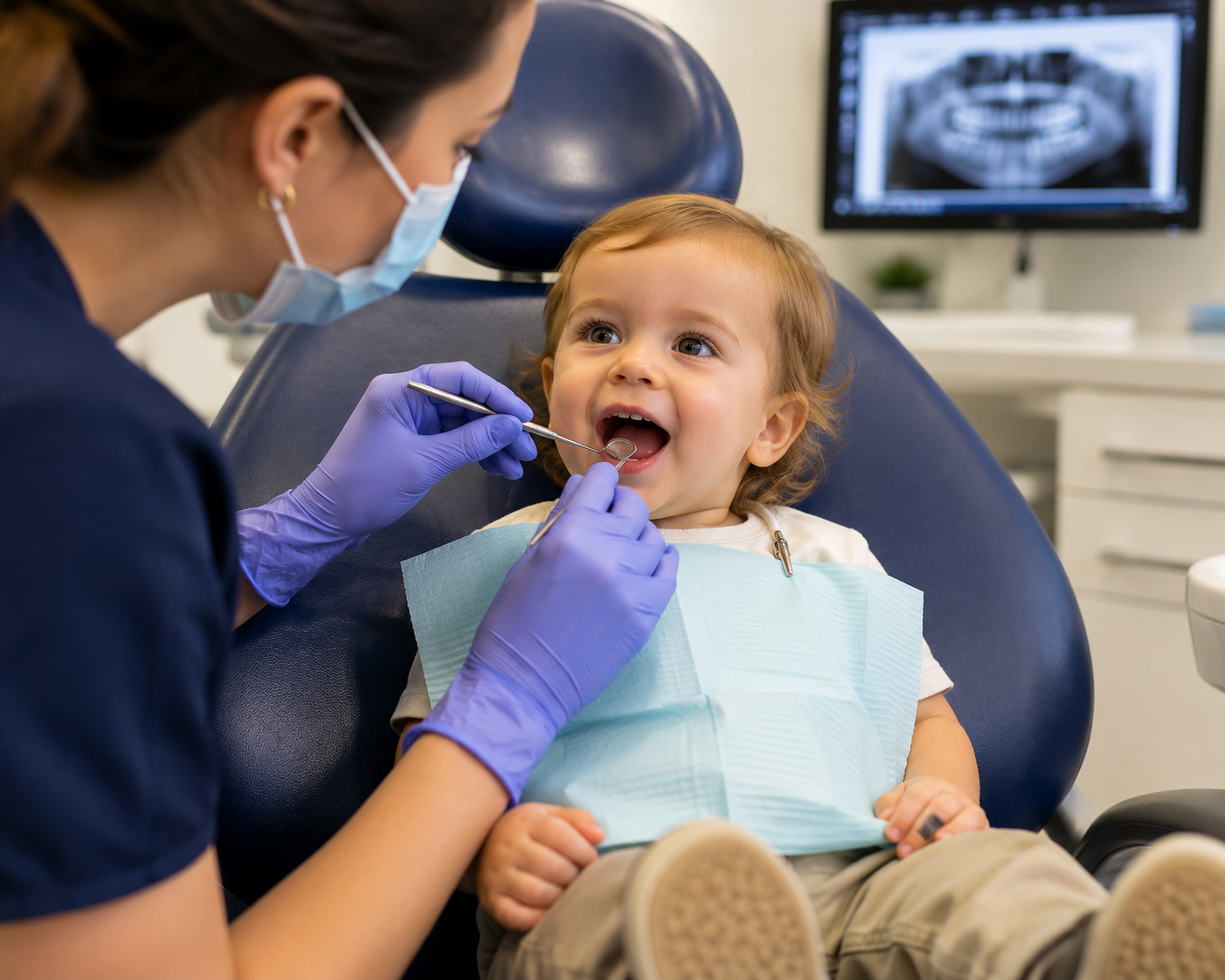 baby getting seen by a dentist